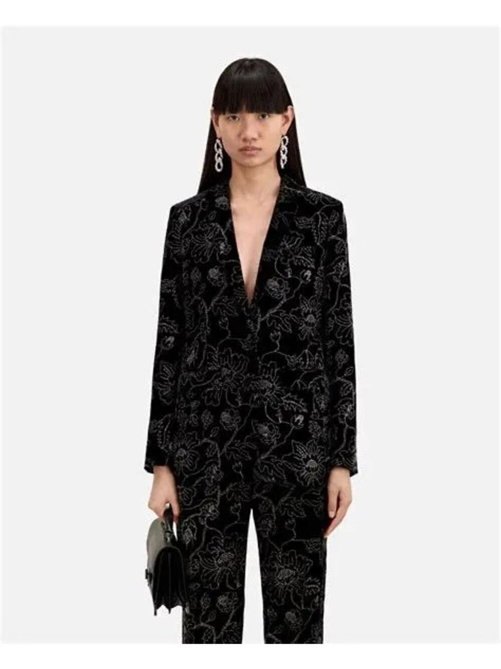 NWT Kooples Black Velvet Straight Cut Blazer with Glitter Floral Print Size 38